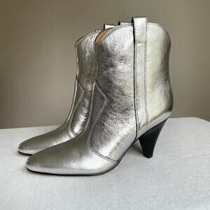 Marc Fisher Boots Women 7 Carissa Western Cowboy Booties Metallic Silver Leather
